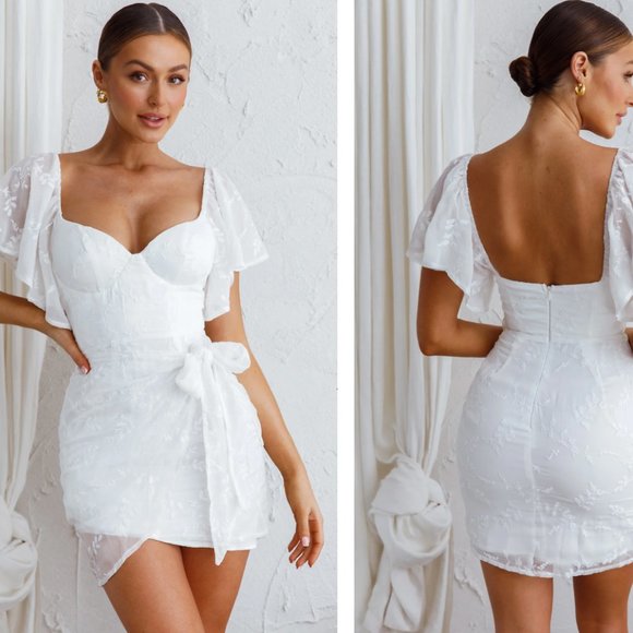 APHRODITE MOLDED BUST ANGEL SLEEVE WRAP DRESS EMBROIDERED WHITE - Picture 4 of 13